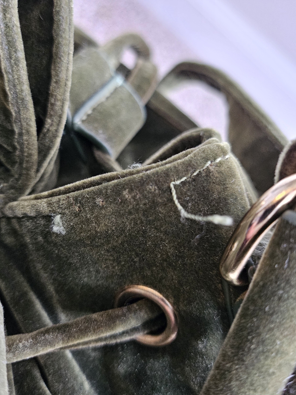 Olive Green Velvet Drawstring Shoulder Bag with Gold Hardware - Picture 6 of 9